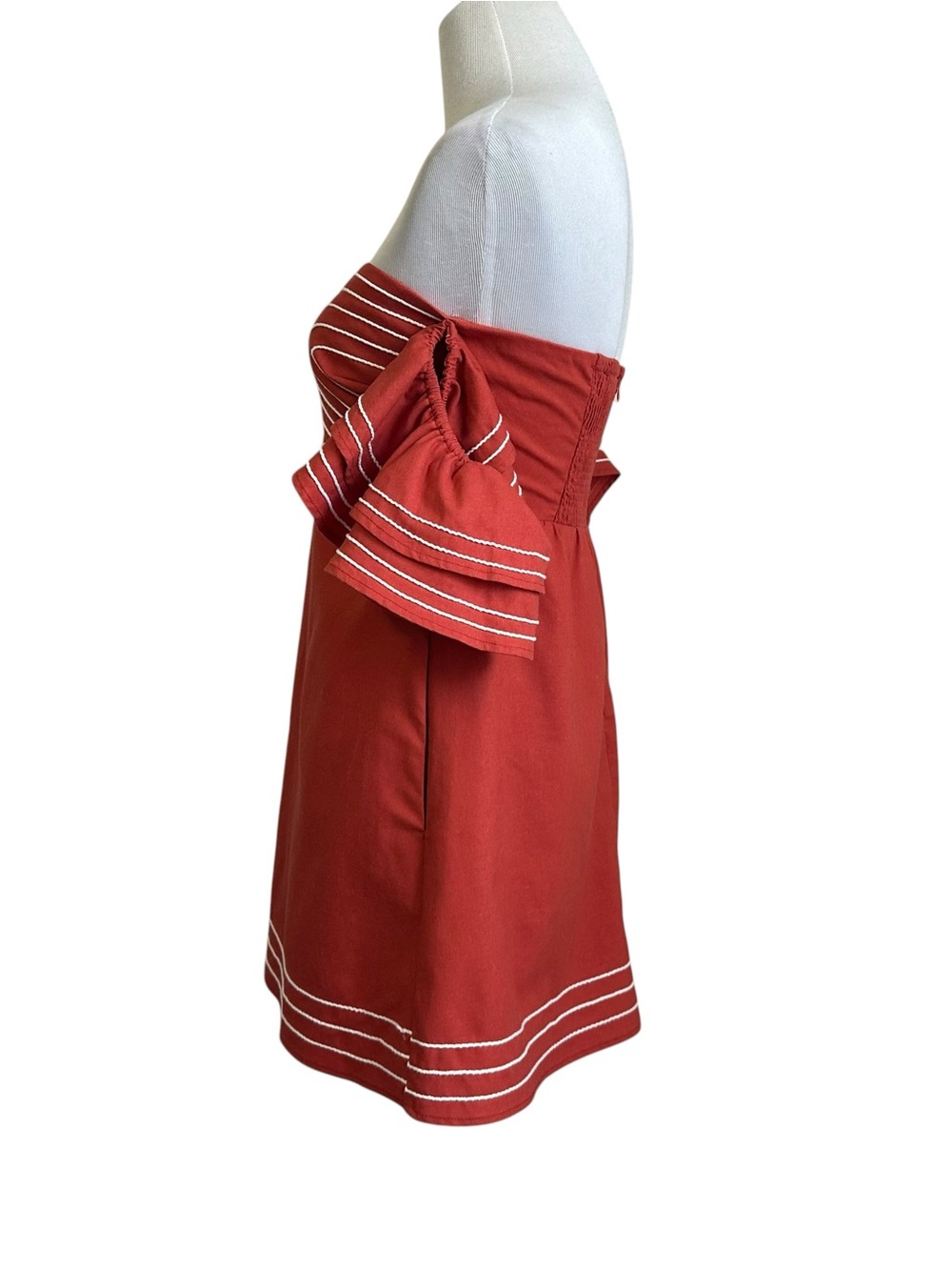 Strut & Bolt Off Shoulder Embroidered Linen Mini Dress Sz Small Terracotta Lined - Picture 6 of 13